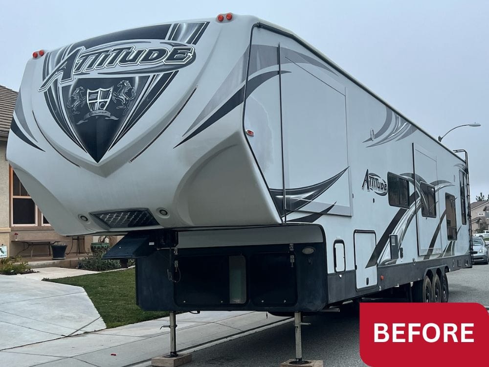 Attitude fifth wheel before exterior detailing, front and passenger-side view