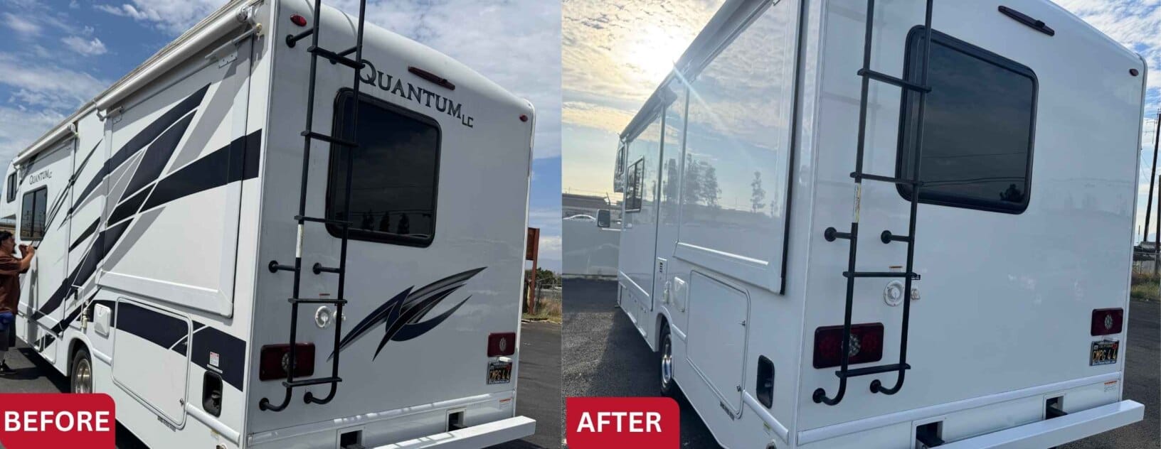 Quantum Back AAD Quantum motorhome rear and passenger side before and after vinyl decal removal