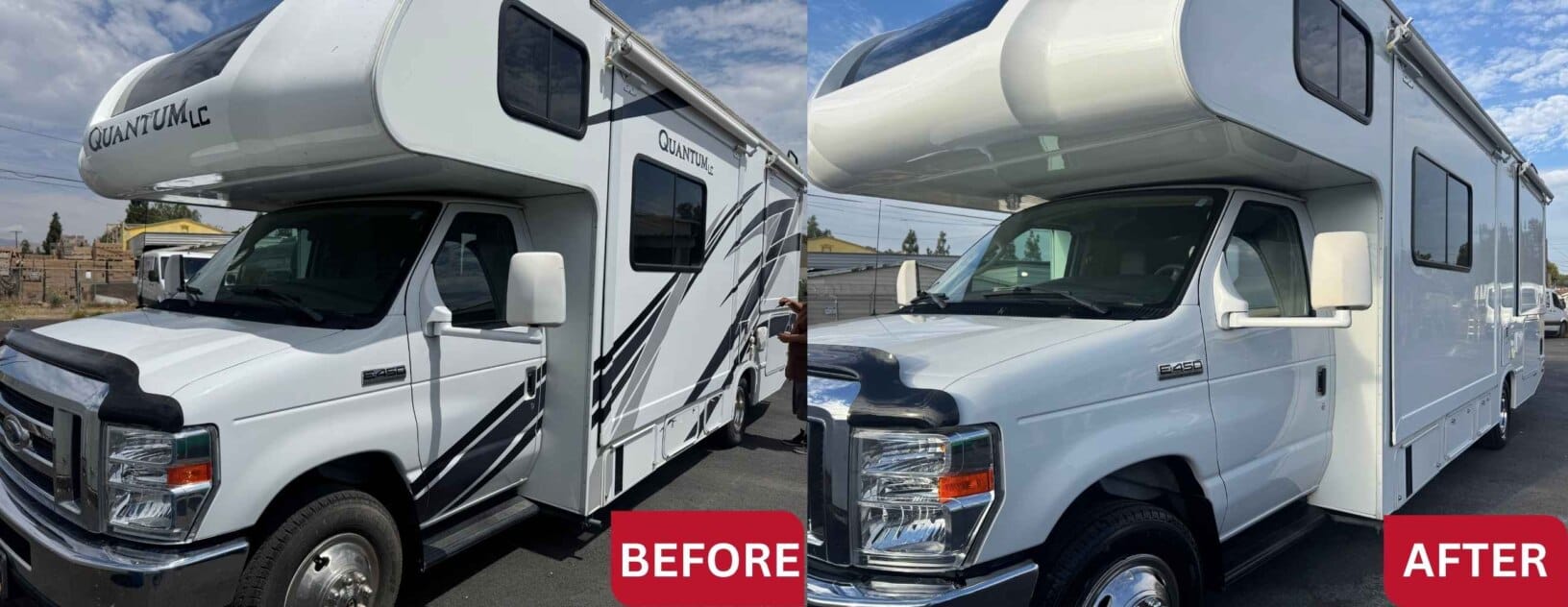 Quantum Front AAD Quantum Class C motorhome front and passenger side before and after vinyl decal removal