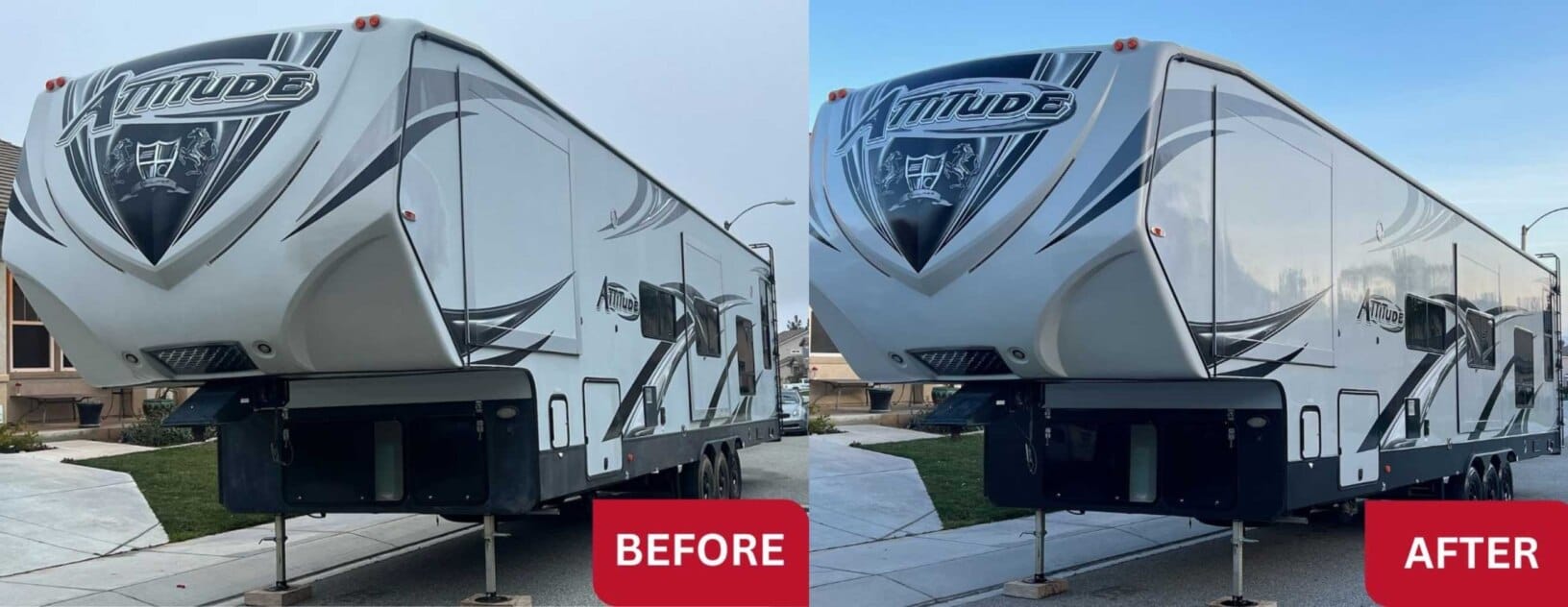 RV Professional Detailing Full Service Attitude fifth wheel before and after exterior detailing from the same driveway angle