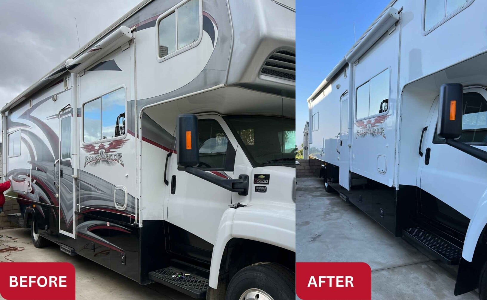 RoadWarrior Left View Road Warrior motorhome before and after large side decal removal