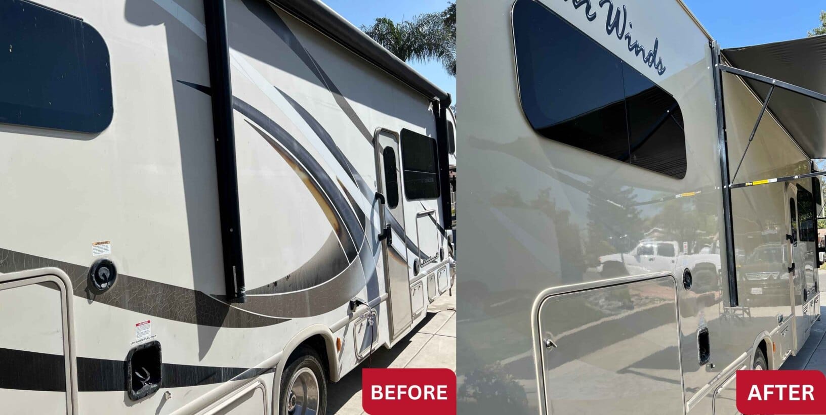 Winds Detailing Before After Winds motorhome before and after exterior detailing with cleaner, more reflective side panels